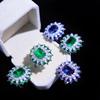 Simulated Emerald Jewelry Set Royal Blue Sapphire Pendant Open Ring Micro Inlaid Earrings