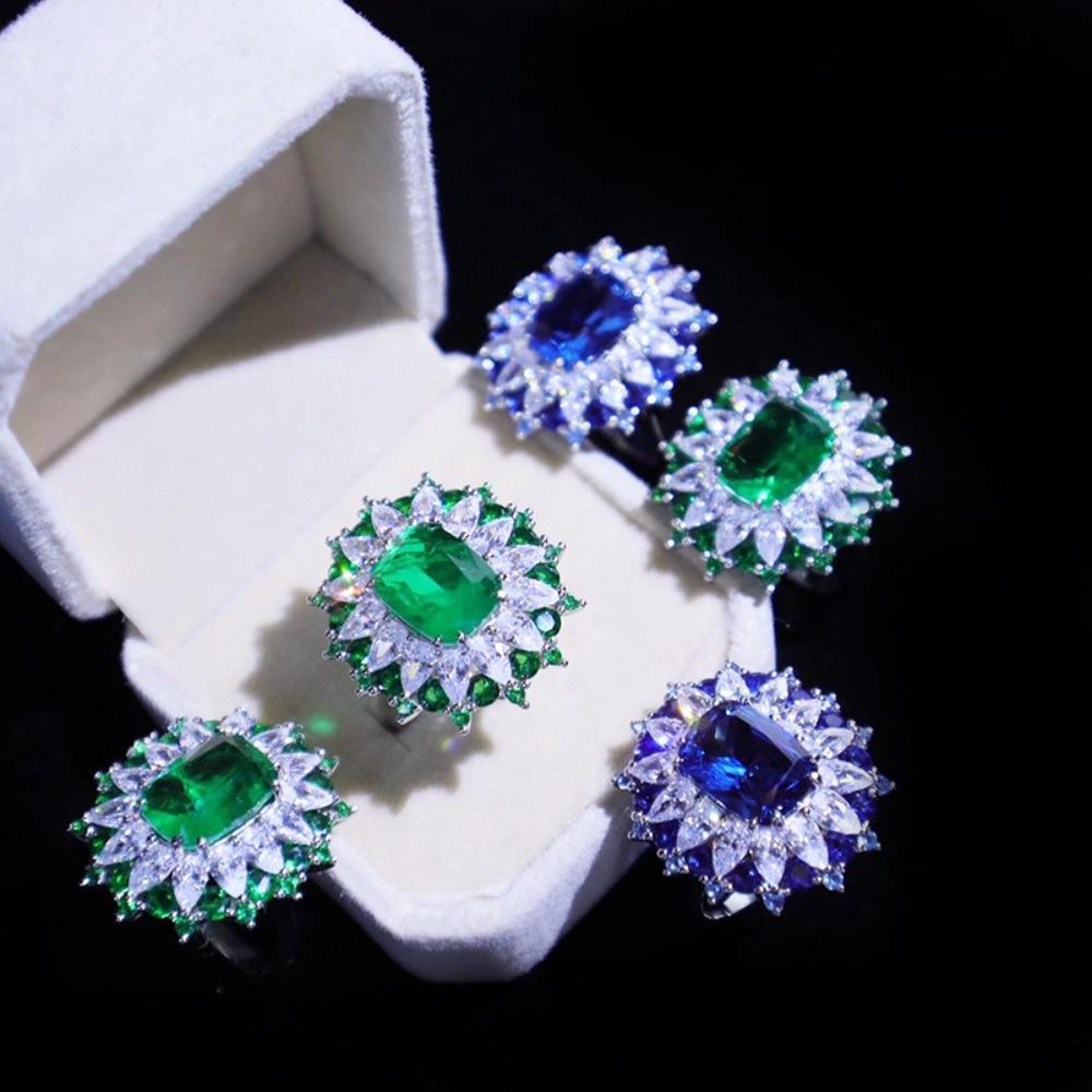 Simulated Emerald Jewelry Set Royal Blue Sapphire Pendant Open Ring Micro Inlaid Earrings
