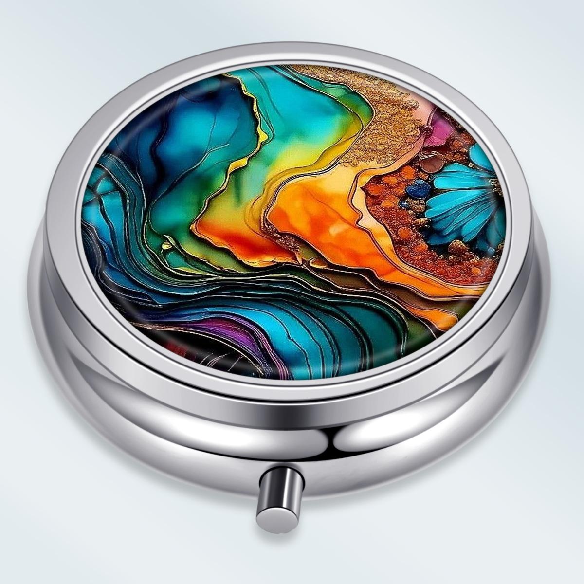 

Portable Pill Box with 3 Compartments, Mini Metal Medicine Organizer Case, Cute Printed Pill Container for Vitamins, Pills, Jewelry, Travel, Daily Use разноцветный