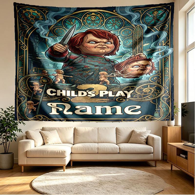 Arazzo Personalizzato con Nome Tema Horror Stampa Chucky, Decorazione Murale, Camera da Letto, Stanza Universitaria, Appartamento, Soggiorno, Sfondo per Feste, Regalo per Compleanno