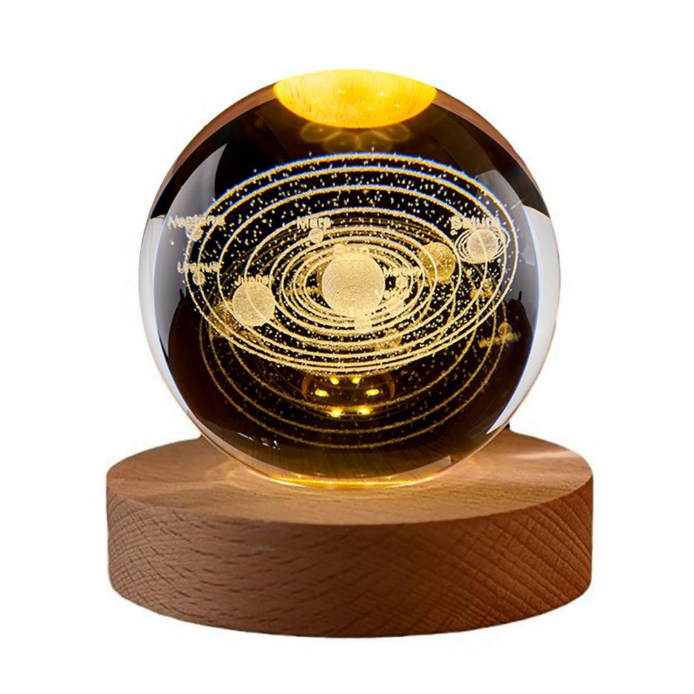 Faszinierende visuelle Erlebnislampe Glaskugel Lampe Sonnensystem Kugel Nachtlicht mit Holzsockel 7 Farbwechsel für Zuhause