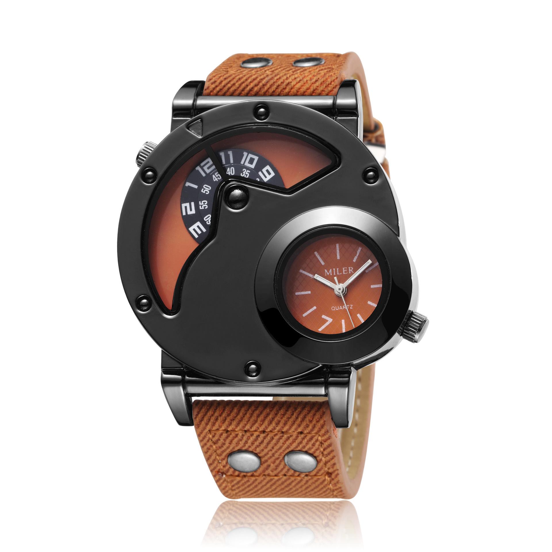 

Luxury Men s Quartz Watch - Large Dual Dial Numerals, with Blue or Black Bronze Faux Leather Strap, Alloy Case, Non-Waterproof, коричневий