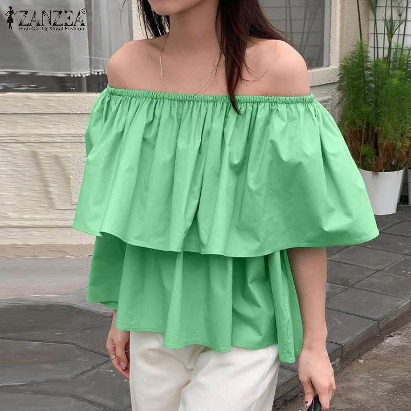 

ZANZEA Женские летние топы с открытыми плечами и короткими рукавами, уличная одежда с рюшами, повседневная свободная блузка