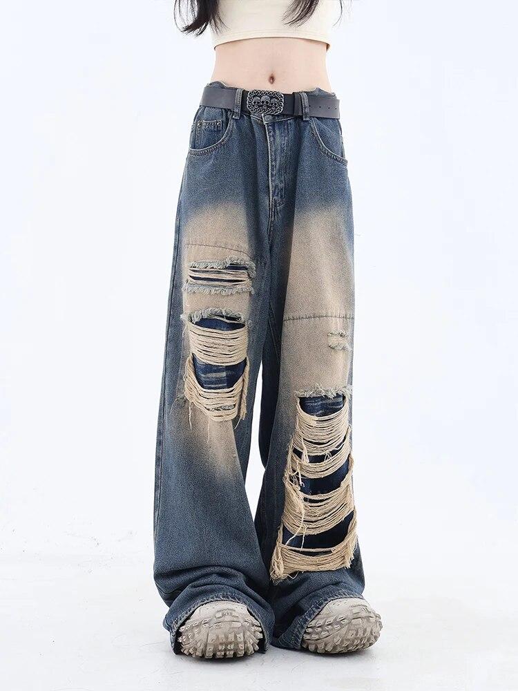 Gothic Black Jeans High Waist Vintage Women Korean Fashion Y2k Streetwear Ripped Pants Female Harajuku Casual Wide Leg Denim Trousers