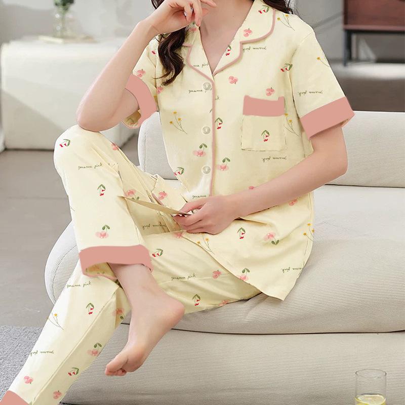 Imitation cotton pajamas women's summer new short-sleeved trousers simple flower mother loungewear large size set
