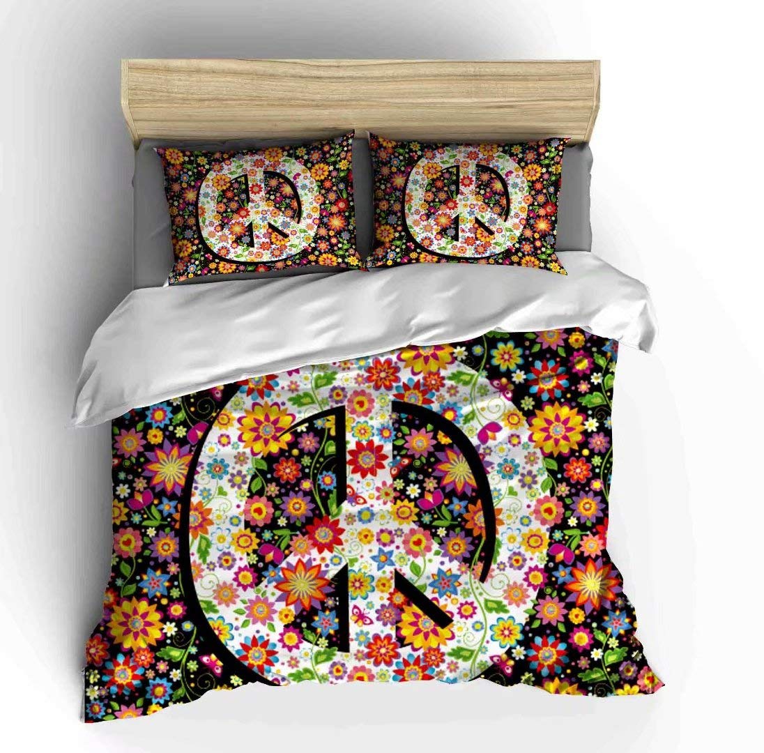 

Hippie Peace Art Duvet Covers For Kids Teens Lightweight Quilt Cover With 2 Pillowcases Colorful Peace Sign Artwork Bedding Sets EU Single(135x200cm)