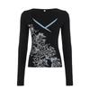 Printed V-neck slim-fit T-shirt, knit color-block base shirt, new top