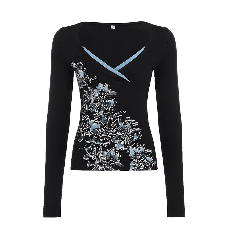 Printed V-neck slim-fit T-shirt, knit color-block base shirt, new top
