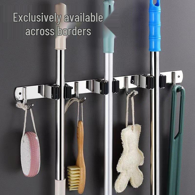 Stainless Steel Punch-Free Mop Holder with Black & Green Clips for Bathroom or Balcony Storage