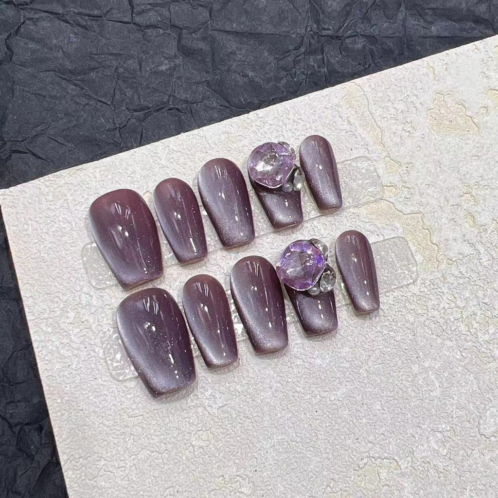 Wearing Armor Handmade Manicure Finished Fake Nail Patch Pure Desire Purple Cat Eye Flash Diamond
