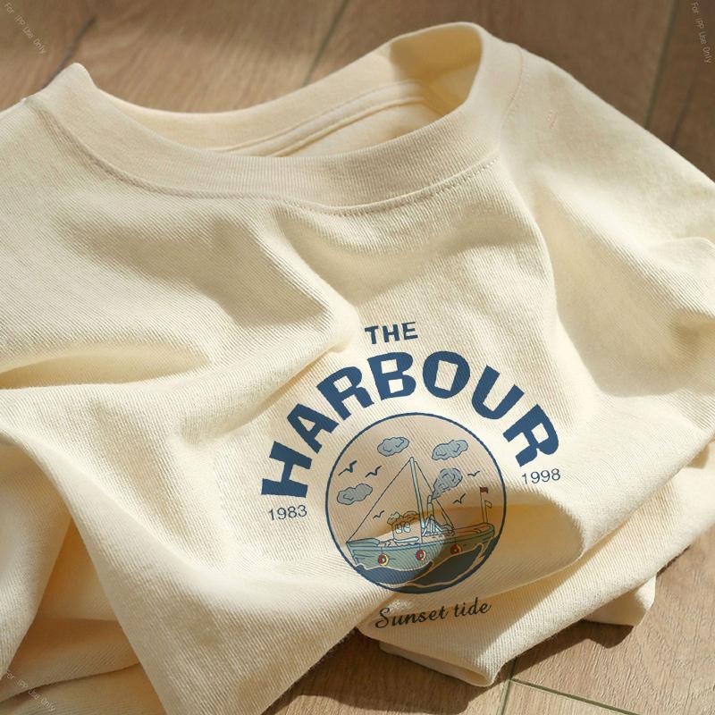 Heavy cotton cartoon print short-sleeved t-shirt women's 2025 new summer loose large size white crew neck top