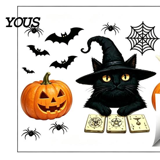 Seasonal Party Favors Cute Black Cat Halloween Window Clings, Pumpkin Ghost Bat Spider Removable PVC Stickers Decals, Non-Adhesive Glass for