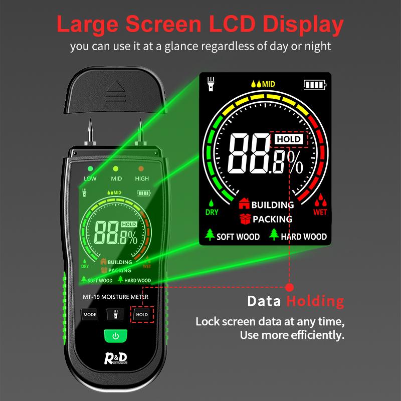 R&D MT19C Wood Moisture Meter Wall Water Tester Digital Humidity Meter Two Pins Hygrometer Concrete Cement Brick Detector