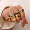 18k Gold Plated Retro Gemstone Ring - European & American Style Stainless Steel Jewelry for Women