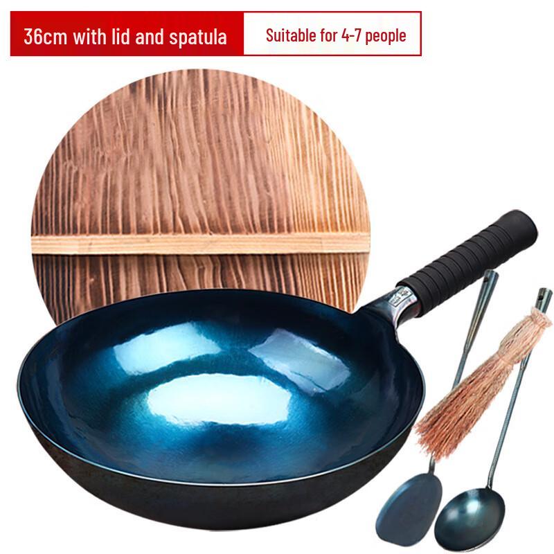 Traditional Seasoned Iron Wok with Lid & Utensils