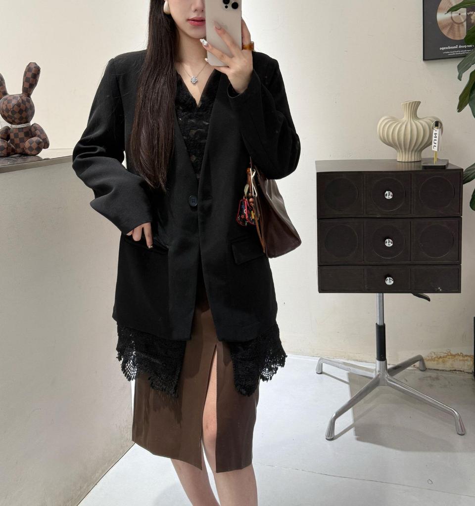 Korean V-Neck Mid-Length Patchwork Lace Suit Jacket for Women