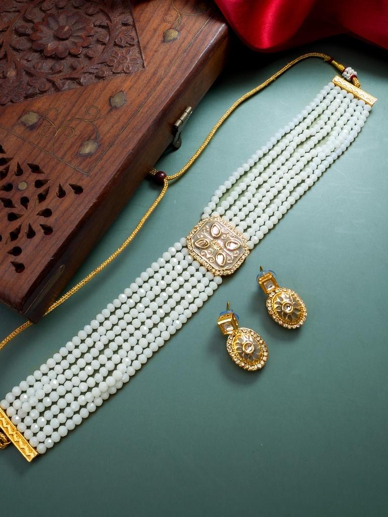 Gold-Plated White Stone-Studded & Beaded Handcrafted Jewellery Set