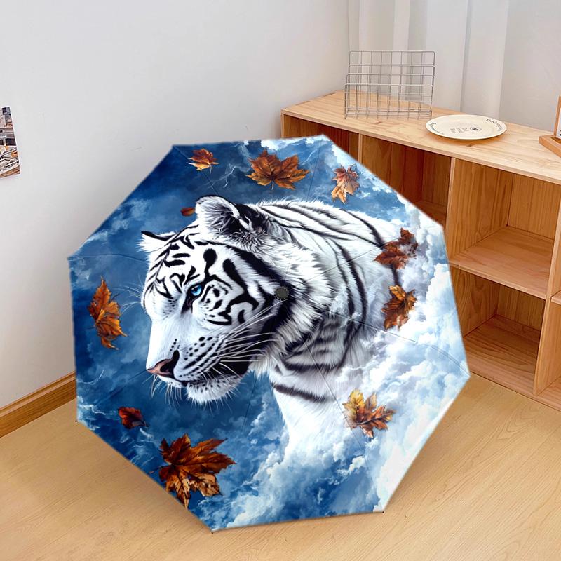 1 PC Automatic Folding Umbrella - White Tiger with Falling Leaves Pattern, Portable & Foldable Design with 8 Ribs, Christmas Birthday Gifts