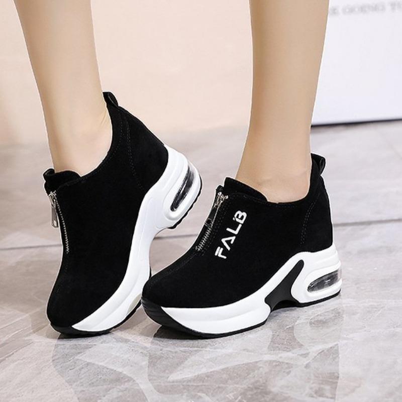 Chunky Sneakers Women's Autumn Casual Height Increased Wedges Shoes Suede Platform Vulcanize Shoe Zipper Loafers Chaussure Femme