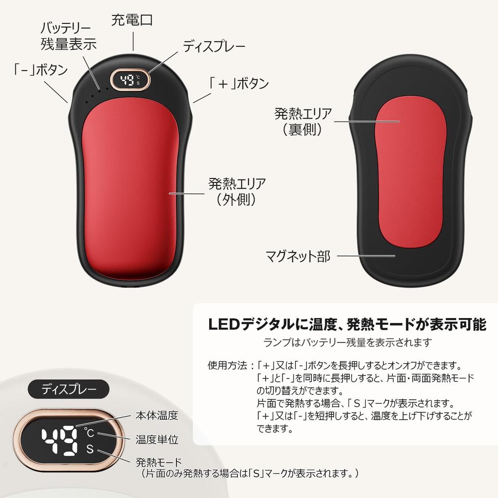 SAMONIC Rechargeable Hand Full Rapid Large Capacity 12000mAh 21 Temperature LED Cold Weather Warmer, 360° Heat, 1-Second Heating, Magnetic,