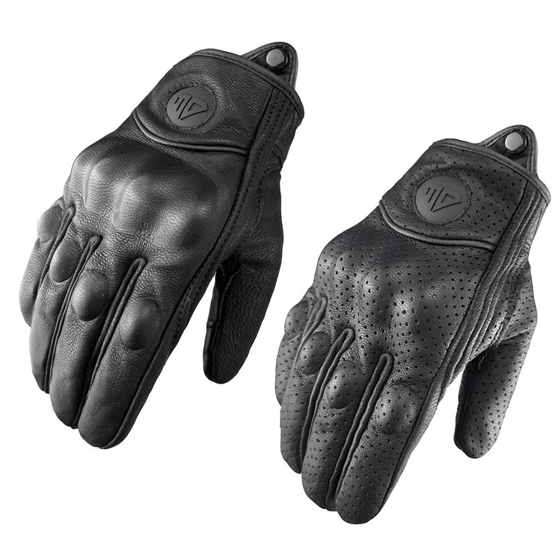 Retro Motorcycle Gloves Perforated Glove Breathable Genuine Leather Black All Seasons Moto Racing Cycling Motocross Bike Knight