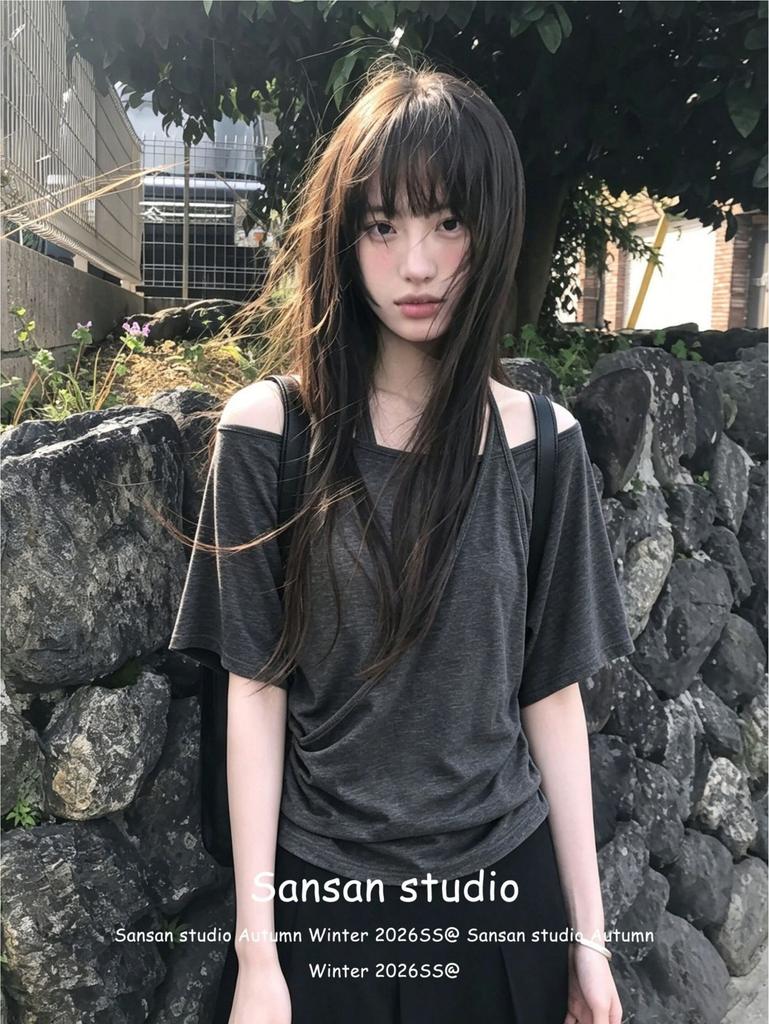 Pure desire style fake two pieces neck one-word shoulder short-sleeved T-shirt women's summer Korean pinch pleated waist thin off-the-shoulder top