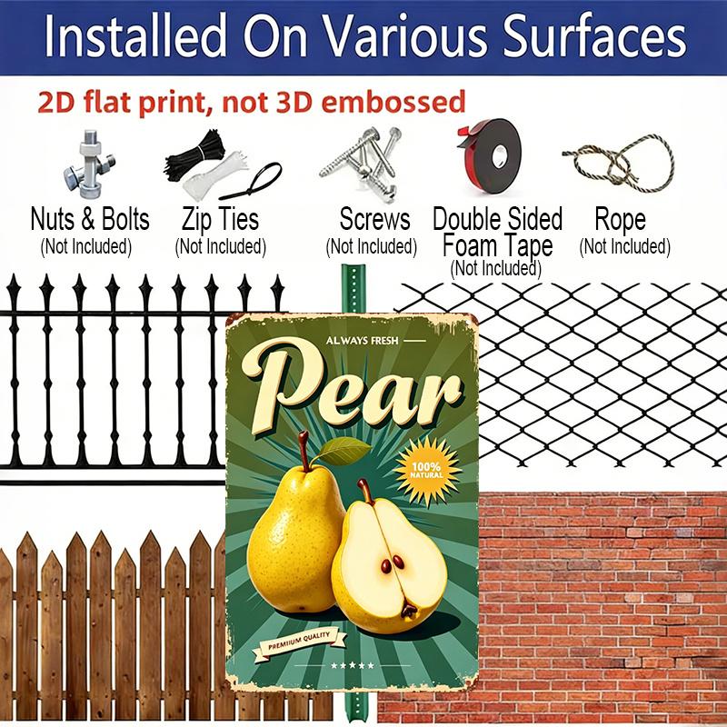 2D Flat, Vintage Fresh Pear Aluminum Sign - Retro Farmhouse Fruit Wall Decor Farmhouse Decor, Kitchen Decor, Garden Decor, Vegetable Market Decor
