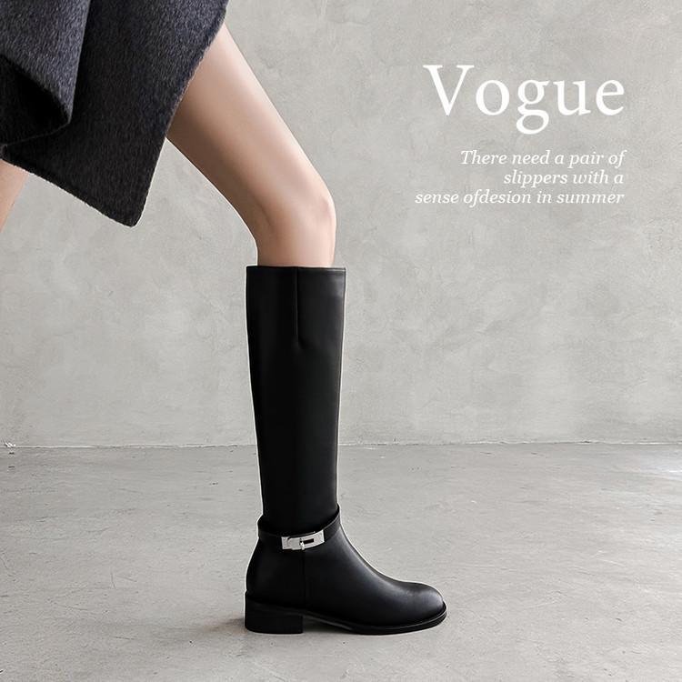 Autumn and winter new lock buckle knight boots low heel round head boots belt buckle cowhide high boots slim and tall boots women