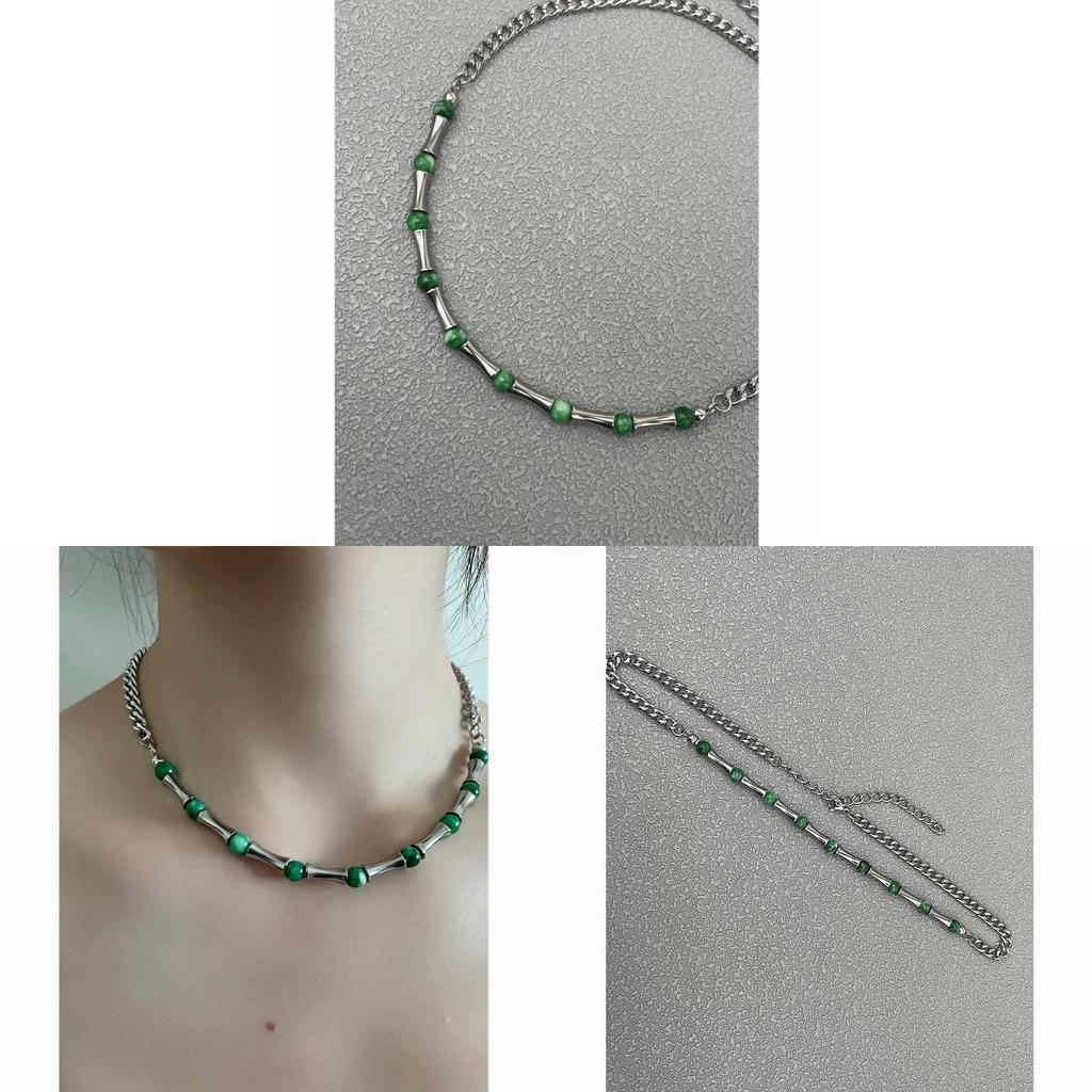 Handcrafted Stainless Steel Pendant Necklace Featuring Bamboo Chain And Green Stone For Gift