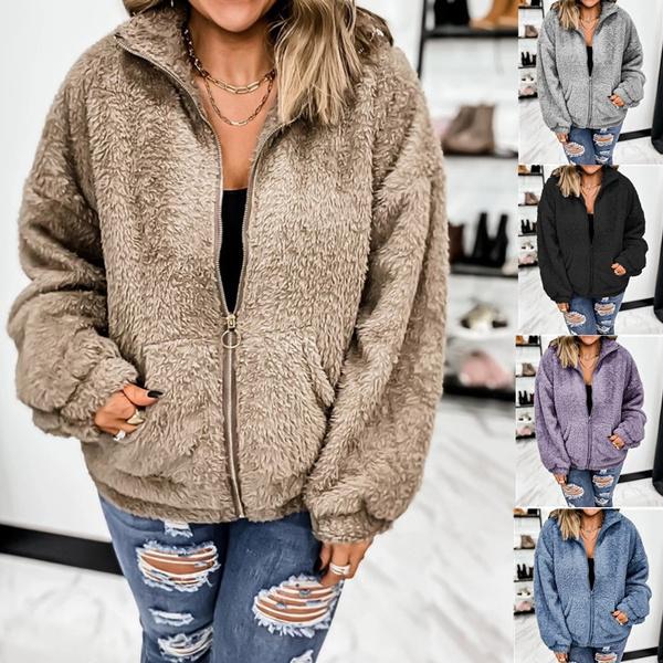 Women Turn-down Collar Winter Coat Long Sleeve Fur Coat Thick Warm Fleece Jacket Fluffy Zipper Cardigan Plus Size Solid Color Tops