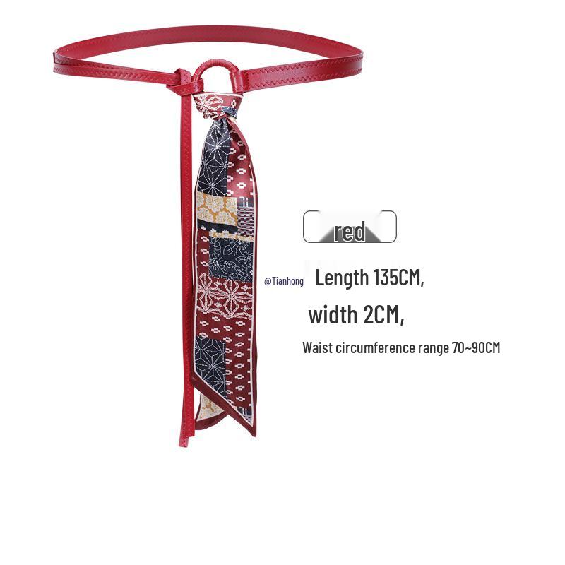 Red Silk Scarf Belt & Retro Lace-Up Waist Accessory: Thin Leather Belt for Women's Jeans & Skirts