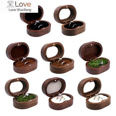 Black Walnut Wooden Engagement Ring Box Solid Wood Oval Shaped Ring Organizer For Proposal Wedding Ceremony Gift