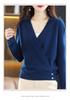 Women's Spring V-Neck 100% Wool Knit Cardigan - Long Sleeve, Short Style Sweater