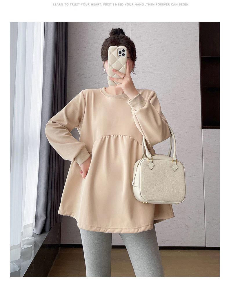 Maternity Korean Style Two-Piece: Color-Reducing, Age-Reducing Baby Doll Shirt & Long-Sleeved Sweatshirt - Plus Size, Slimming, Cover Belly.