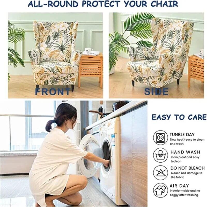 Floral Printed Wing Chair Cover Stretch Spandex Armchair Covers Nordic Removable Relax Sofa Slipcovers With Seat Cushion Covers