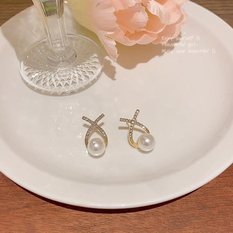 925 Silver Cross Diamond & Pearl Earrings - Trendy High-End French Retro Design for Women
