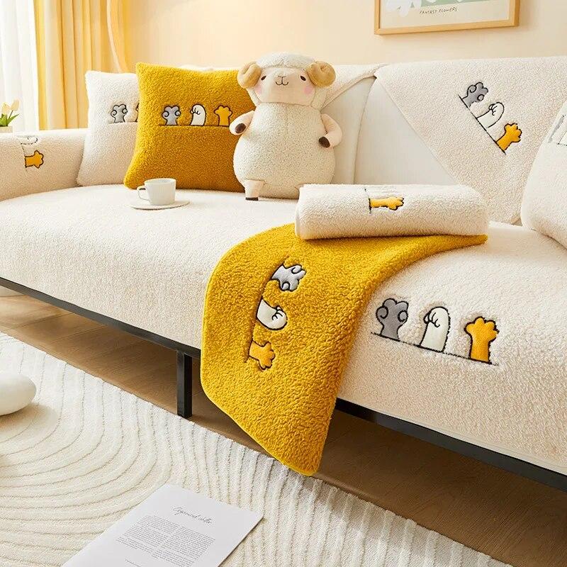 Winter Lamb Velvet Sofa Cushion Non-slip Nordic Simple Cushion Thicken Plush Leather Sofa Cover Towel Protective Cover for Sofa