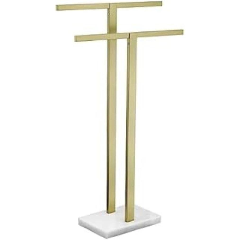 Gold,WEIDPHL Tall Standing Towel Rack, Double-T Shape Tall Bath Towel Sheet Holder with Marble Design Base, 2-Tier Towel Stand for Bathroom Floor,