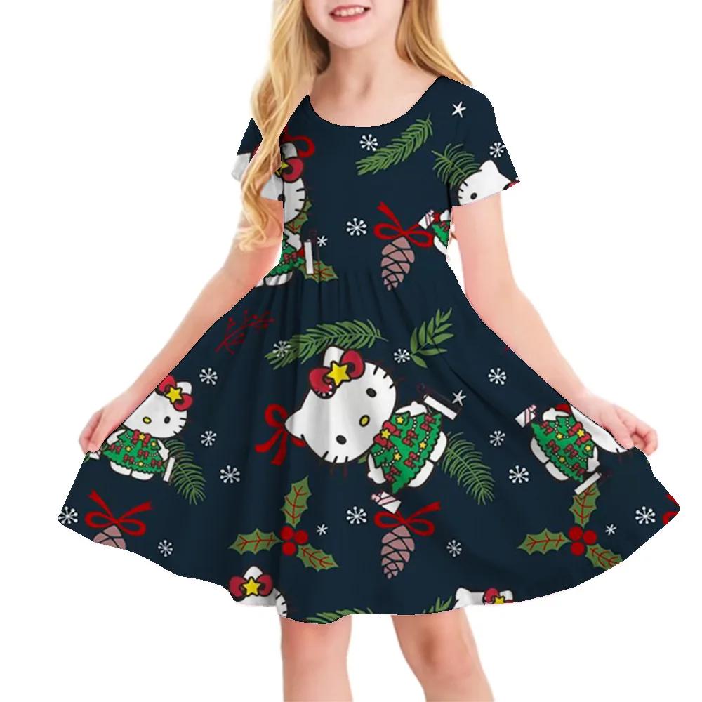 Sanrio New Summer Girls Dress Fashion Cartoon Cute Cinnamoroll &Hello Kitty 3D Printing Dress Kid Short Sleeve Princess Clothing