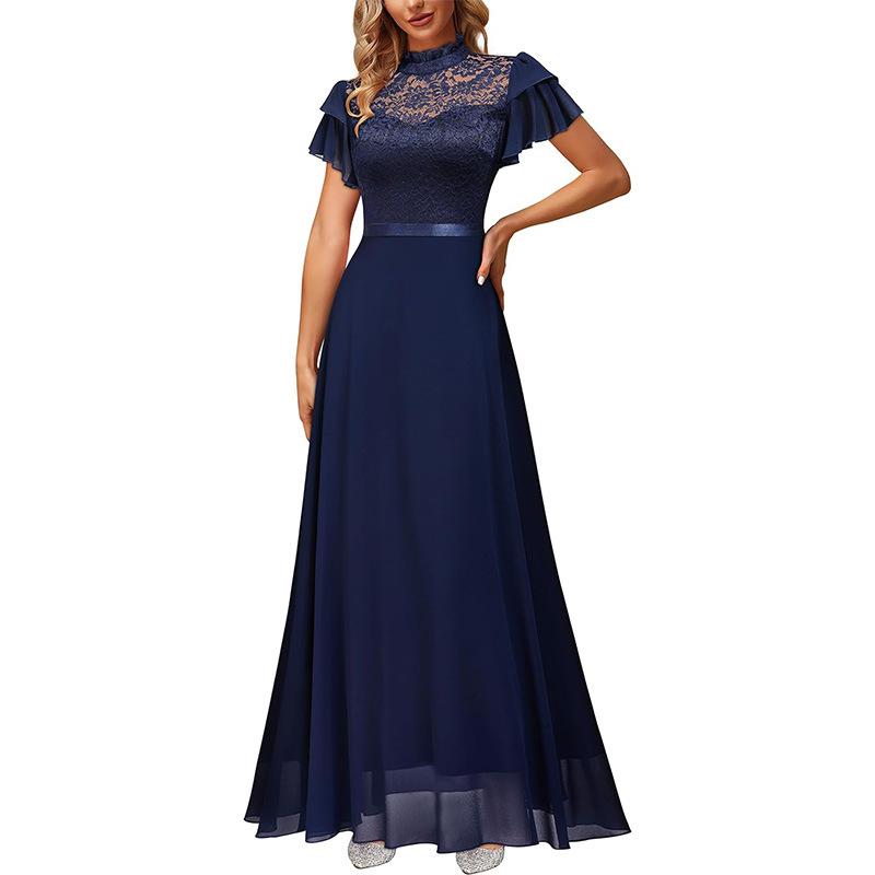 European and American Cross-border 2023 New Autumn Extended Chiffon Dress Lace Celebrity Temperament Party Evening Dress