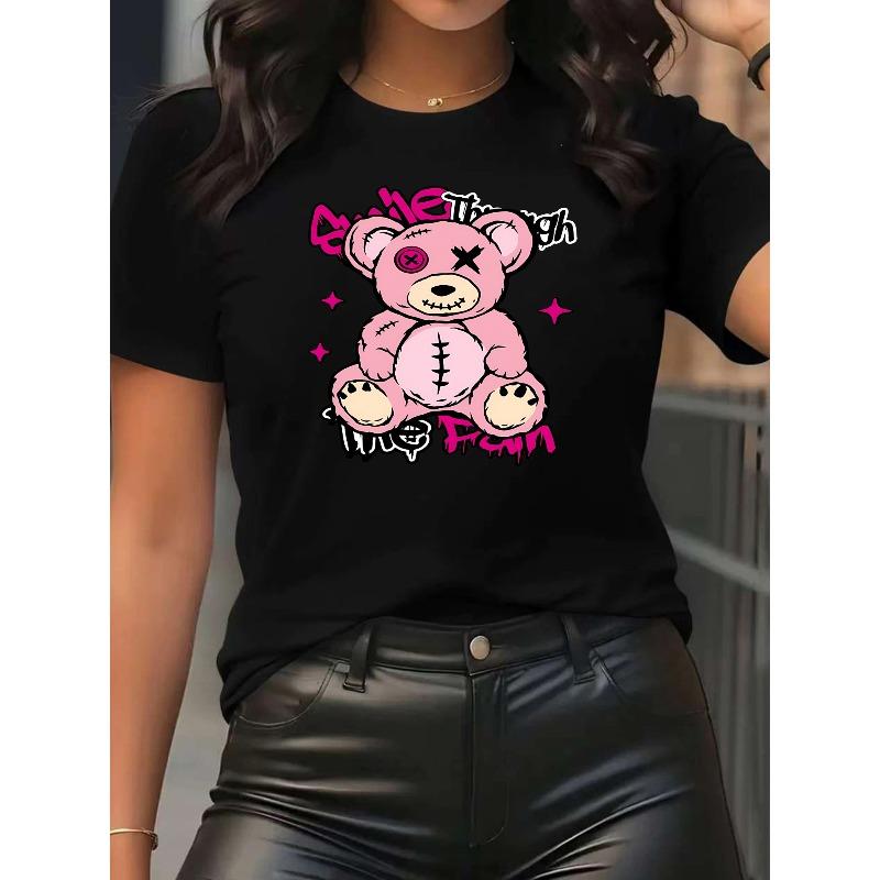 

European Size Cute and Quirky Pink Bear Printed Short-Sleeve Round-Neck T-Shirt for Women - Sporty and Casual Style, Soft and Breathable 4XL
