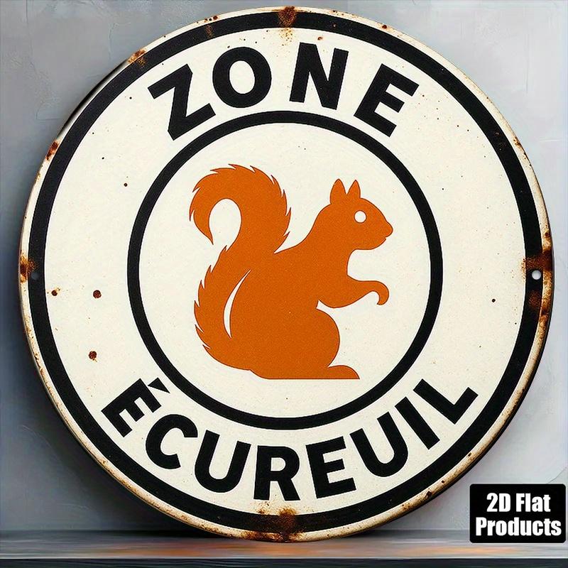 pc French Squirrel Zone Sign Vintage French Country Metal Wall Plaque with ZONE ECUREUIL Text Squirrel Silhouette 20x20cm(8x8inch)