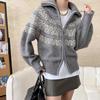 Korean Fashion Autumn Winter Zipper Cardigan Women Sweater Jacket Retro Printed Lapel Loose Knitted Coats Long Sleeve Office Fashion Elegant Clothing