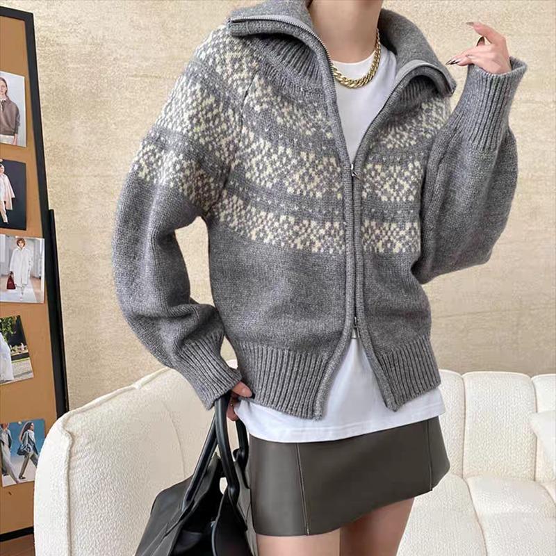 Korean Fashion Autumn Winter Zipper Cardigan Women Sweater Jacket Retro Printed Lapel Loose Knitted Coats Long Sleeve Office Fashion Elegant Clothing