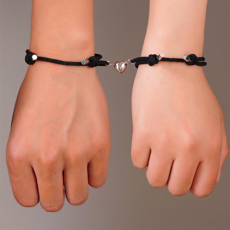 

2Pcs New Plush Bear Couple Magnet Bracelets Stainless Steel Heart Chain Bracelet Unisex Friendship Valentine s Day Jewelry