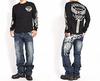 Vanson Jeans, Crossbone Skull & Fire Pattern, Fully Embroidered, Distressed Denim Pants, SP-B-26 (Size 30, Indigo)