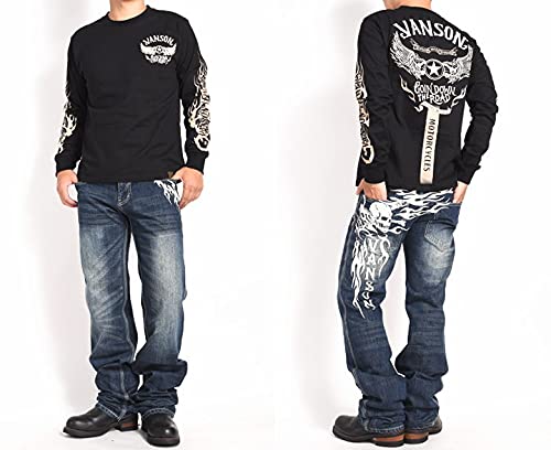 Vanson Jeans, Crossbone Skull & Fire Pattern, Fully Embroidered, Distressed Denim Pants, SP-B-26 (Size 30, Indigo)