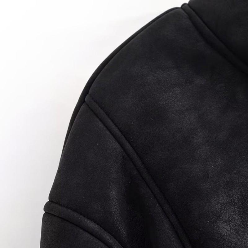 Womens Fleece-Lined Suede Jacket Short Warm Hoodless Coat Casual Korean Style Fall Winter