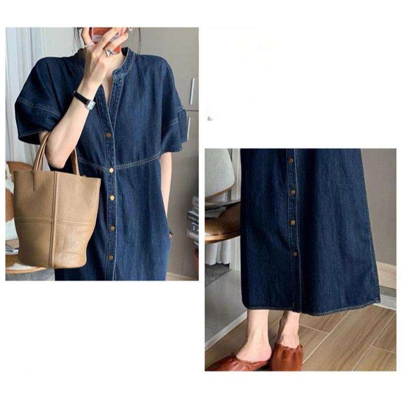 Vintage Hong Kong Style Denim Dress for Women Summer Thin Fabric High End Sense Loose Casual Straight Long Dress