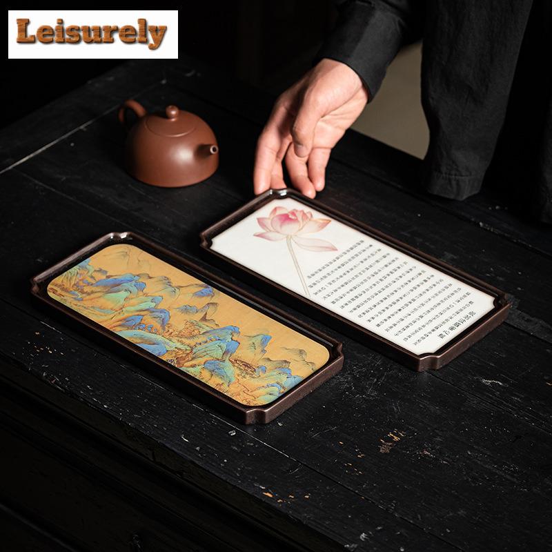 Chinese Landscape Rectangle Tea Tray Cake Rack Coffee Storage Board Teapot Base Dishes for Serving Chinese Tea Set Accessories